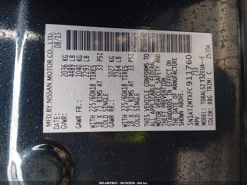 2015 Nissan Rogue VIN 5N1AT2MTXFC911760 IAAI salvage auction — LEFT REAR, Clear (Hawaii), sold $1,150 on 2026-07-28 (photo 9)