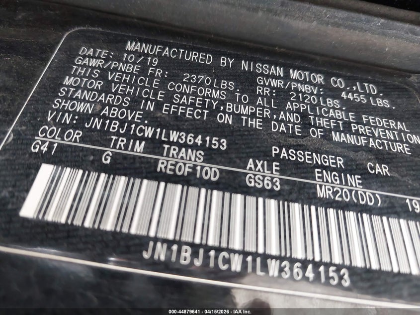 2020 Nissan Rogue VIN JN1BJ1CW1LW364153 IAAI salvage auction — FRONT END, Wait Title, sold $4,150 on 2026-07-22 (photo 9)