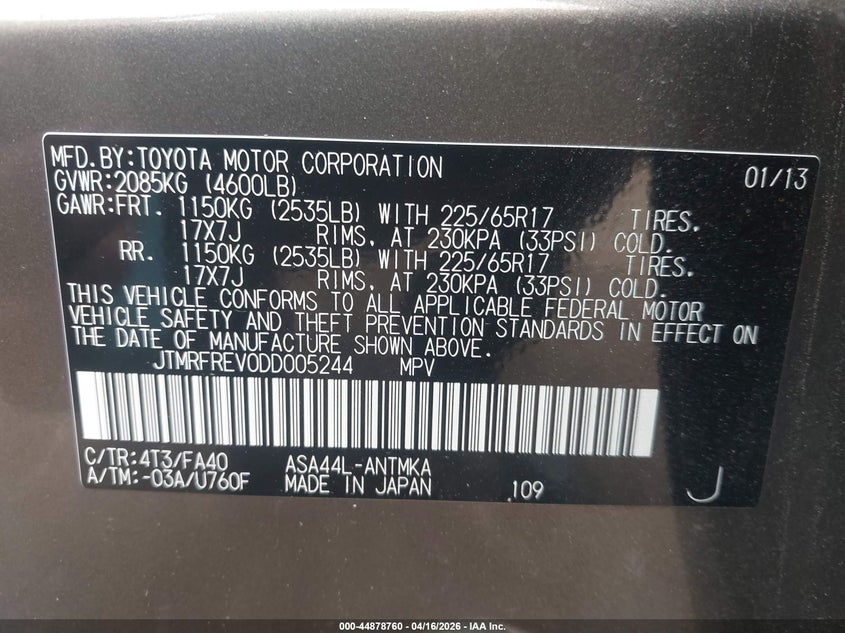 2013 Toyota Rav 4 VIN JTMRFREV0DD005244 IAAI salvage auction — REAR END, Salvage - 75% Or Less (Maryland), sold $4,650 on 2026-07-28 (photo 9)
