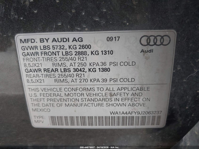2018 Audi Sq5 VIN WA1A4AFY9J2063237 IAAI salvage auction — FRONT & REAR, Clear (Indiana), sold $4,250 on 2026-07-09 (photo 9)