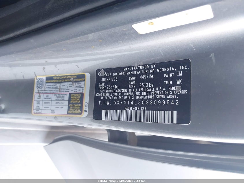 2016 Kia Optima VIN 5XXGT4L30GG099642 IAAI salvage auction — FRONT END, Salvage (Georgia), sold $300 on 2026-07-29 (photo 9)