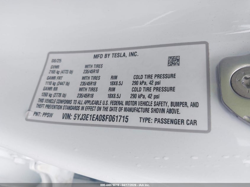 2025 Tesla Model 3 VIN 5YJ3E1EA0SF061715 IAAI salvage auction — REAR END, Clear (Oklahoma), sold $14,775 on 2026-07-22 (photo 9)