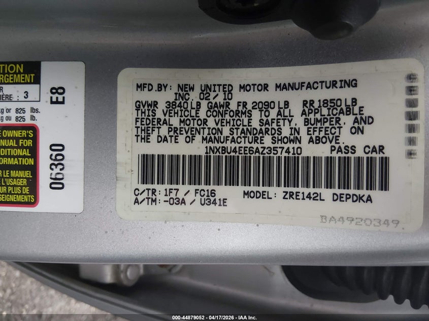 2010 Toyota Corolla VIN 1NXBU4EE6AZ357410 IAAI salvage auction — FRONT END, Salvage (Massachusetts), sold $1,450 on 2026-07-18 (photo 9)