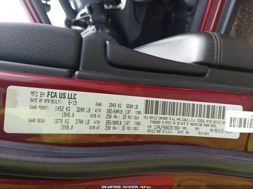 2019 Jeep Grand cherokee VIN 1C4RJFAG6KC817834 IAAI salvage auction — FRONT END, Wait Title, sold $3,200 on 2026-07-18 (photo 9)