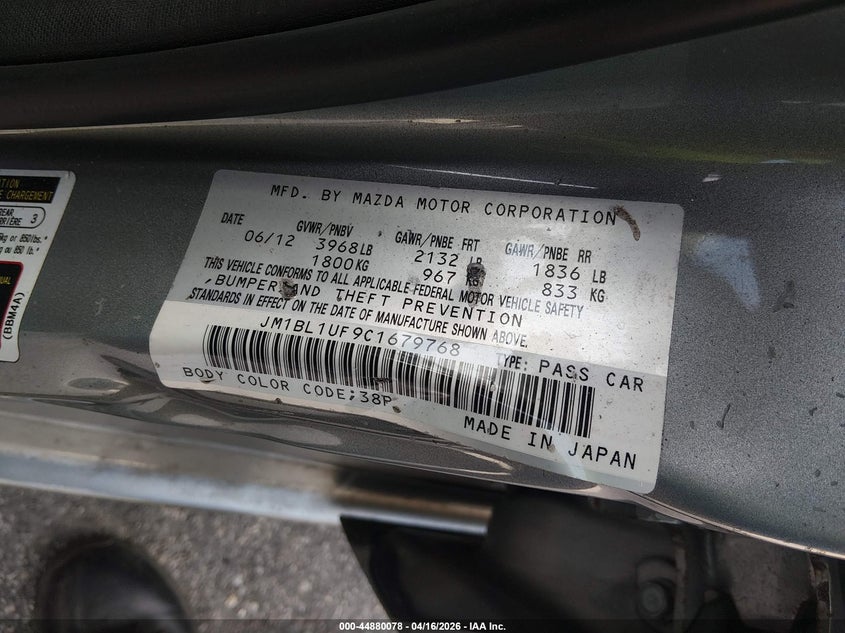 2012 Mazda 3 VIN JM1BL1UF9C1679768 IAAI salvage auction — LEFT FRONT, Wait Title, sold $500 on 2026-07-28 (photo 9)