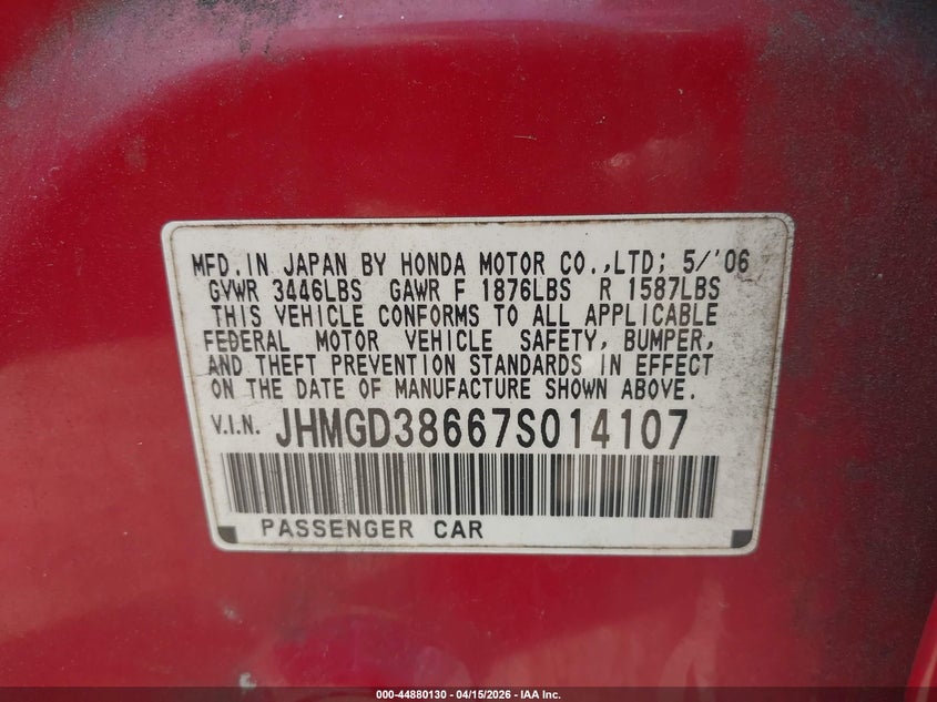 2007 Honda Fit VIN JHMGD38667S014107 IAAI salvage auction — NORMAL WEAR, Salvage (Texas), sold $375 on 2026-07-16 (photo 9)
