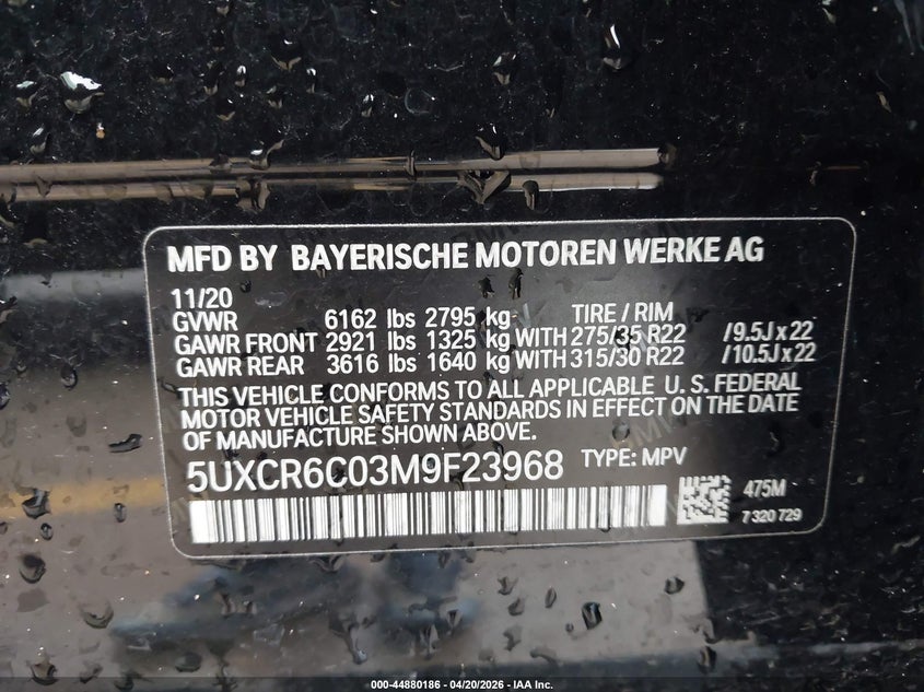 2021 BMW X5 VIN 5UXCR6C03M9F23968 IAAI salvage auction — FRONT END, Salvage (Texas), sold $12,450 on 2026-07-16 (photo 9)