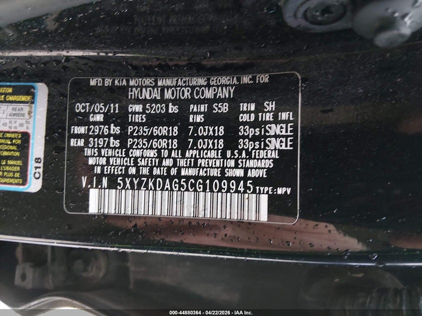 2012 Hyundai Santa fe VIN 5XYZKDAG5CG109945 IAAI salvage auction — FRONT & REAR, Salvage Title, sold $125 on 2026-07-07 (photo 9)