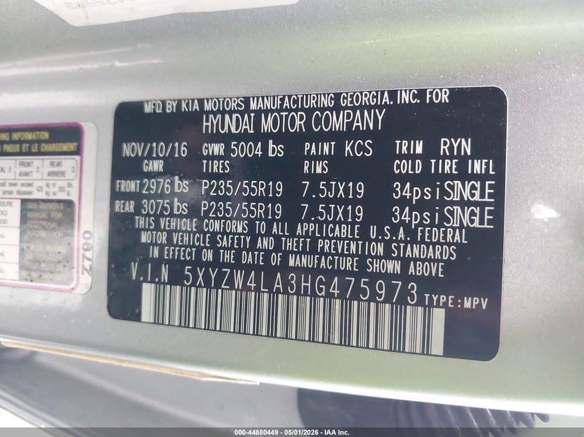 2017 Hyundai VIN 5XYZW4LA3HG475973 IAAI salvage auction — REAR END, Salvage Title, sold $1,950 on 2026-07-15 (photo 9)