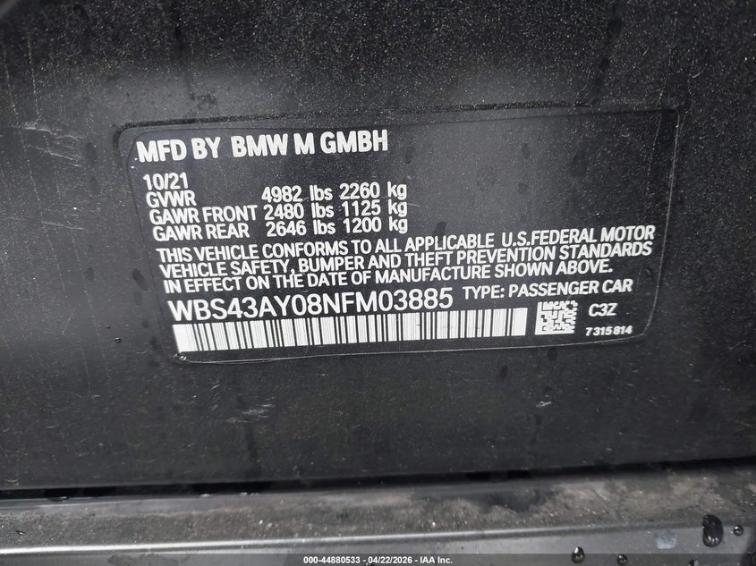 2022 BMW M3 VIN WBS43AY08NFM03885 IAAI salvage auction — FRONT END, Mv-907A (New York), sold $30,425 on 2026-07-13 (photo 9)
