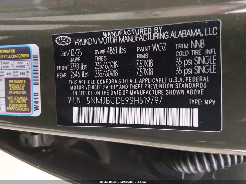 2025 Hyundai Tucson VIN 5NMJBCDE9SH519797 IAAI salvage auction — REAR END, Wait Title, sold $10,200 on 2026-07-27 (photo 9)