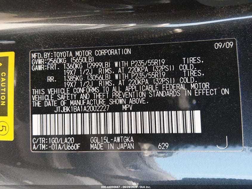 2010 Lexus Rx 350 VIN JTJBK1BA1A2002227 IAAI salvage auction — ENGINE BURN, Salvage (California), sold $4,975 on 2026-07-13 (photo 9)