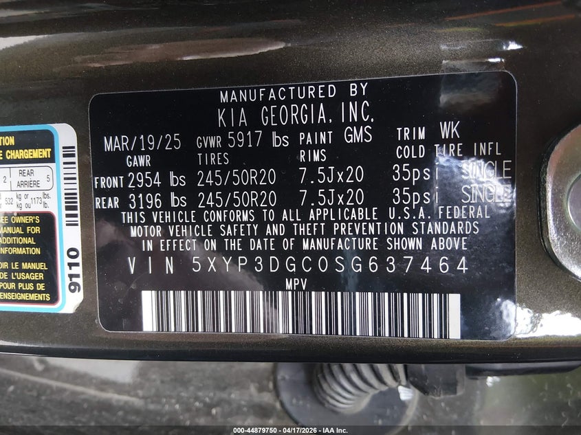 2025 Kia Telluride VIN 5XYP3DGC0SG637464 IAAI salvage auction — THEFT, Salvage Title, sold $18,550 on 2026-07-30 (photo 9)