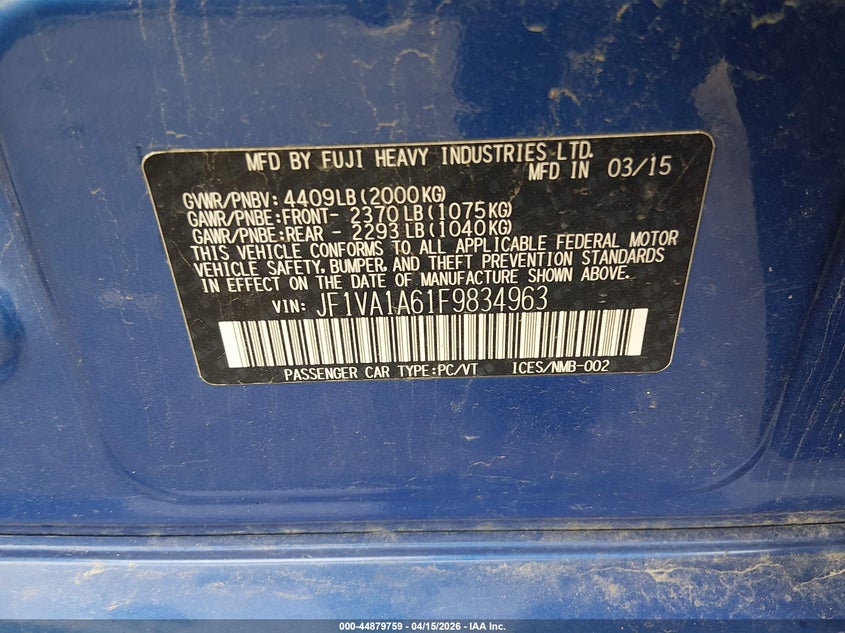 2015 Subaru Wrx VIN JF1VA1A61F9834963 IAAI salvage auction — LEFT FRONT, Salvage (Ohio), sold $1,500 on 2026-07-21 (photo 9)