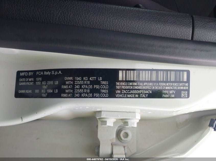 2017 Jeep Renegade VIN ZACCJABB0HPE64474 IAAI salvage auction — FRONT END, Clear (Arkansas), sold $1,550 on 2026-08-13 (photo 9)