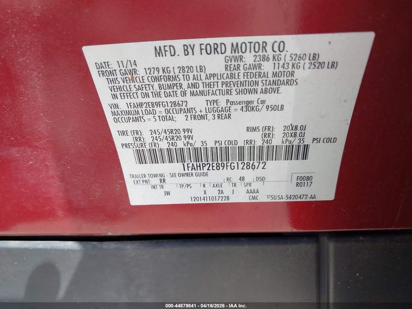 2015 Ford Taurus VIN 1FAHP2E89FG128672 IAAI salvage auction — FRONT END, Wait Title, sold $250 on 2026-07-10 (photo 9)