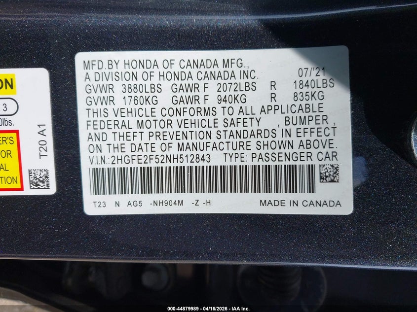 2022 Honda Civic VIN 2HGFE2F52NH512843 IAAI salvage auction — RIGHT SIDE, Wait Title, sold $7,750 on 2026-07-28 (photo 9)