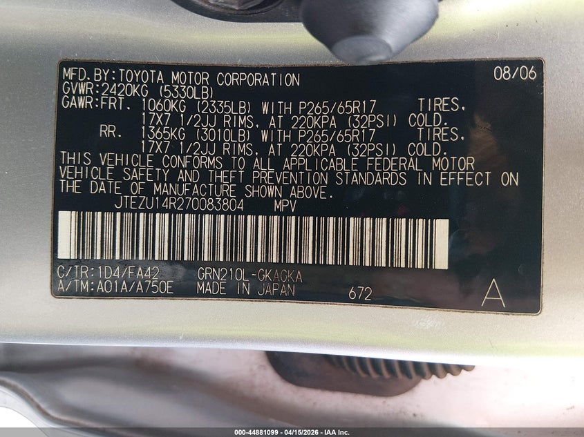 2007 Toyota 4runner VIN JTEZU14R270083804 IAAI salvage auction — LEFT FRONT, Salvage (Hawaii), sold $2,550 on 2026-07-12 (photo 9)