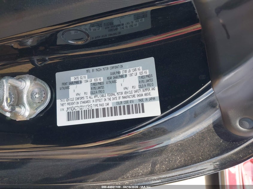 2016 Mazda Mx-5 VIN JM1NDAC71G0111319 IAAI salvage auction — FRONT END, Wait Title, sold $2,550 on 2026-07-06 (photo 9)
