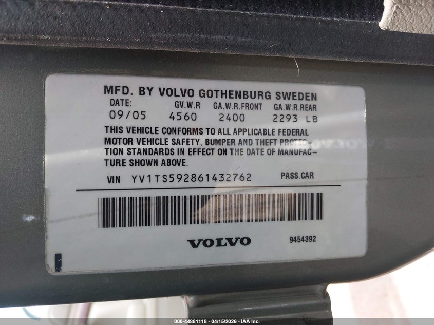 2006 Volvo S80 VIN YV1TS592861432762 IAAI salvage auction — WATER/FLOOD, Salvage (Hawaii), sold $25 on 2026-07-28 (photo 9)