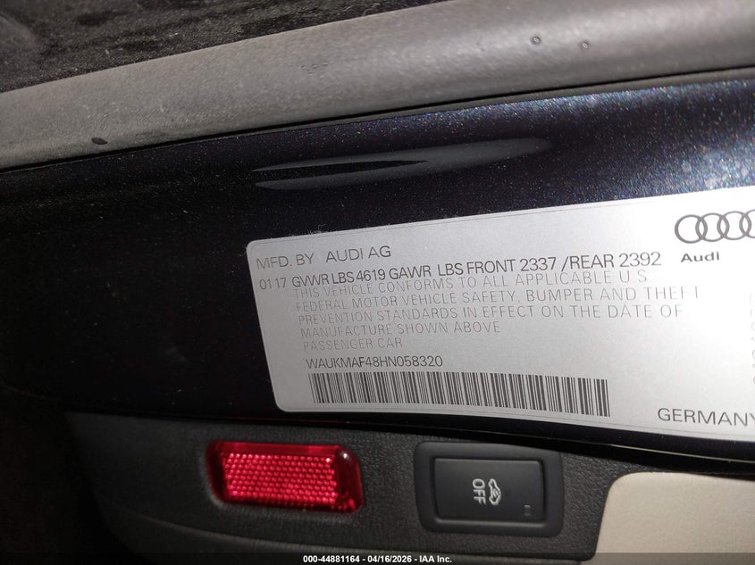 2017 Audi A4 VIN WAUKMAF48HN058320 IAAI salvage auction — REAR END, Salvage (Idaho), sold $4,250 on 2026-07-10 (photo 9)