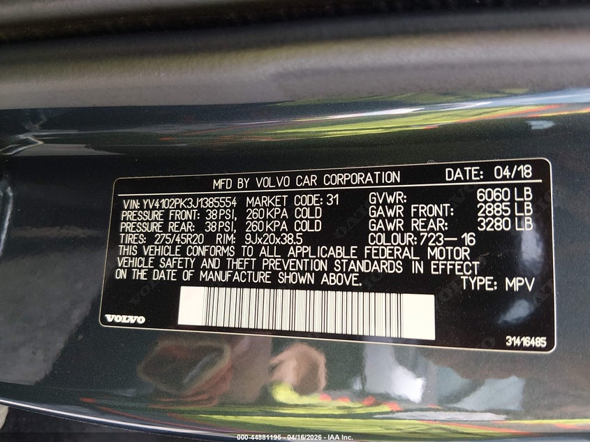 2018 Volvo Xc90 VIN YV4102PK3J1385554 IAAI salvage auction — LEFT FRONT, Wait Title, sold $6,500 on 2026-07-08 (photo 9)