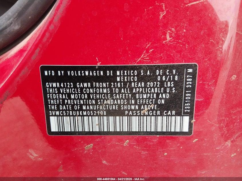 2019 Volkswagen Jetta VIN 3VWC57BU8KM052108 IAAI salvage auction — FRONT END, Salvage (Texas), sold $1,325 on 2026-07-22 (photo 9)