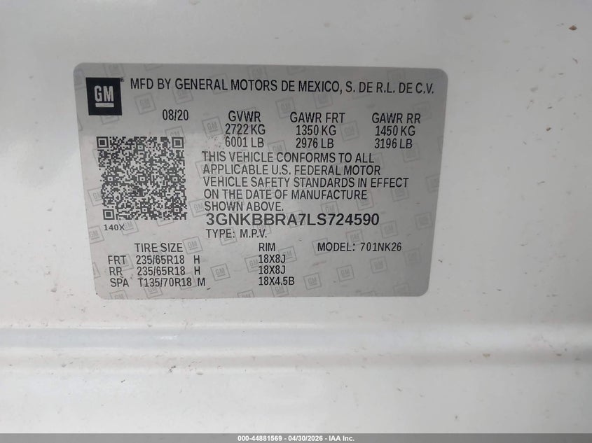 2020 Chevrolet Blazer VIN 3GNKBBRA7LS724590 IAAI salvage auction — HAIL, Original (Texas), sold $7,100 on 2026-07-28 (photo 9)