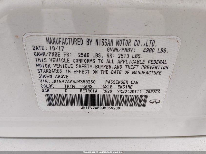 2018 Infiniti Q50 VIN JN1EV7AP9JM359260 IAAI salvage auction — THEFT, Wait Title, sold $2,850 on 2026-07-13 (photo 9)