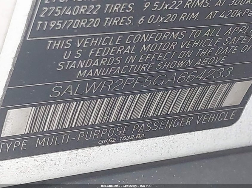 2016 Land rover Range rover sport VIN SALWR2PF5GA664233 IAAI salvage auction — FRONT END, Wait Title, sold $3,650 on 2026-07-08 (photo 9)