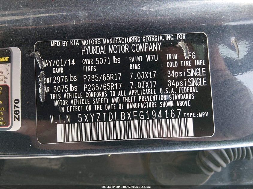 2014 Hyundai Santa fe VIN 5XYZTDLBXEG194167 IAAI salvage auction — FRONT END, Wait Title, sold $1,900 on 2026-07-15 (photo 9)