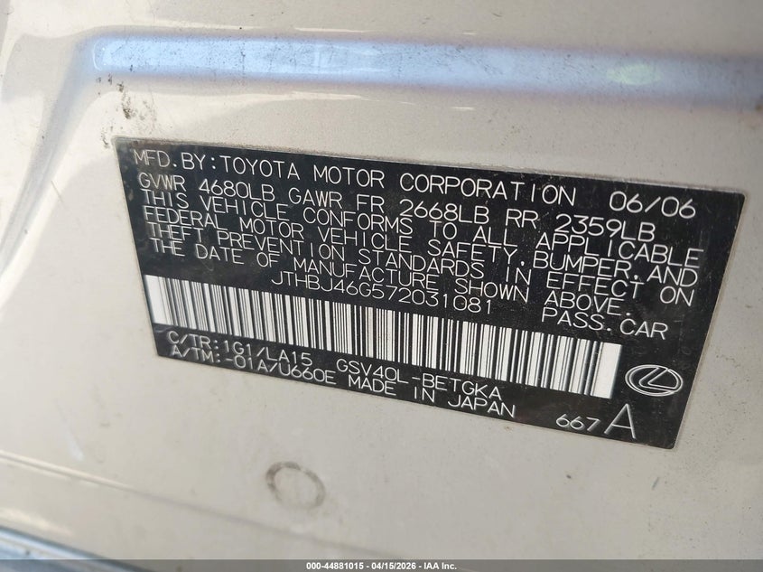 2007 Lexus Es 350 VIN JTHBJ46G572031081 IAAI salvage auction — MECHANICAL, Clear-Dealer Only (Arizona), sold $550 on 2026-07-21 (photo 9)