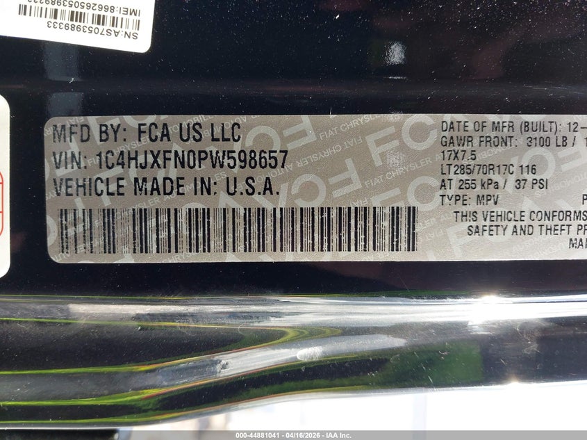 2023 Jeep Wrangler / VIN 1C4HJXFN0PW598657 IAAI salvage auction — FRONT END, Wait Title, sold $10,300 on 2026-07-16 (photo 9)