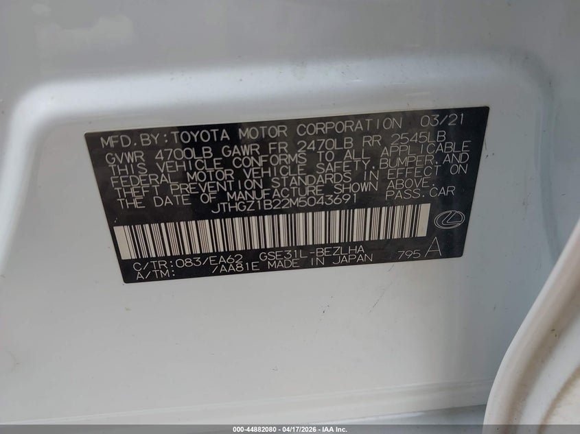 2021 Lexus Is VIN JTHGZ1B22M5043691 IAAI salvage auction — FRONT END, Salvage Title, sold $15,050 on 2026-07-29 (photo 9)