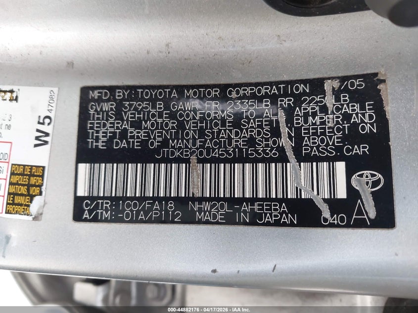 2005 Toyota Prius VIN JTDKB20U453115336 IAAI salvage auction — UNKNOWN, Salvage (California), sold $500 on 2026-07-16 (photo 9)
