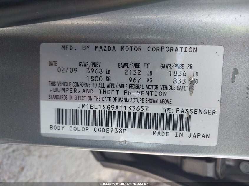 2010 Mazda 3 VIN JM1BL1SG9A1133657 IAAI salvage auction — SIDE, Salvage (California), sold $750 on 2026-07-11 (photo 9)