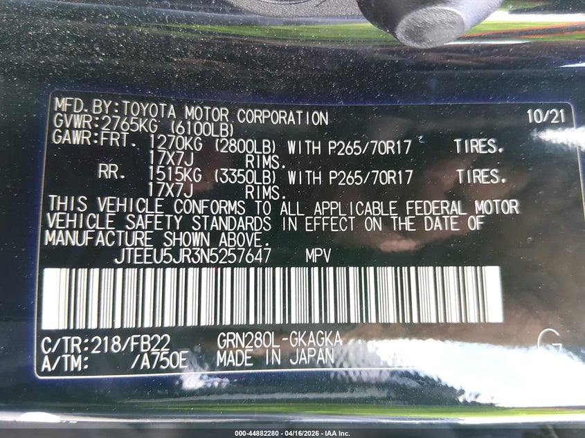 2022 Toyota 4runner VIN JTEEU5JR3N5257647 IAAI salvage auction — FRONT END, Original (Texas), sold $14,100 on 2026-07-15 (photo 9)