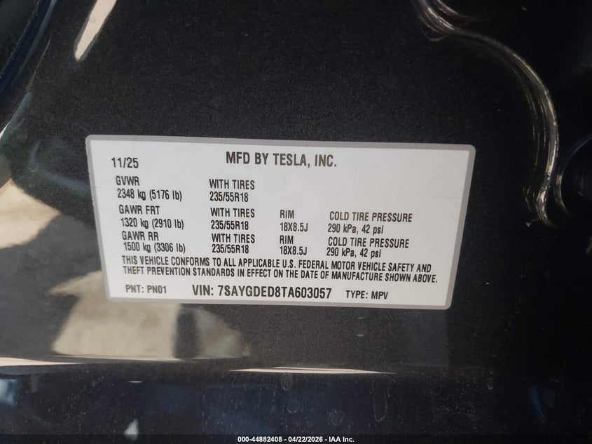 2026 Tesla Model y VIN 7SAYGDED8TA603057 IAAI salvage auction — RIGHT FRONT, Wait Title, sold $14,050 on 2026-07-08 (photo 9)