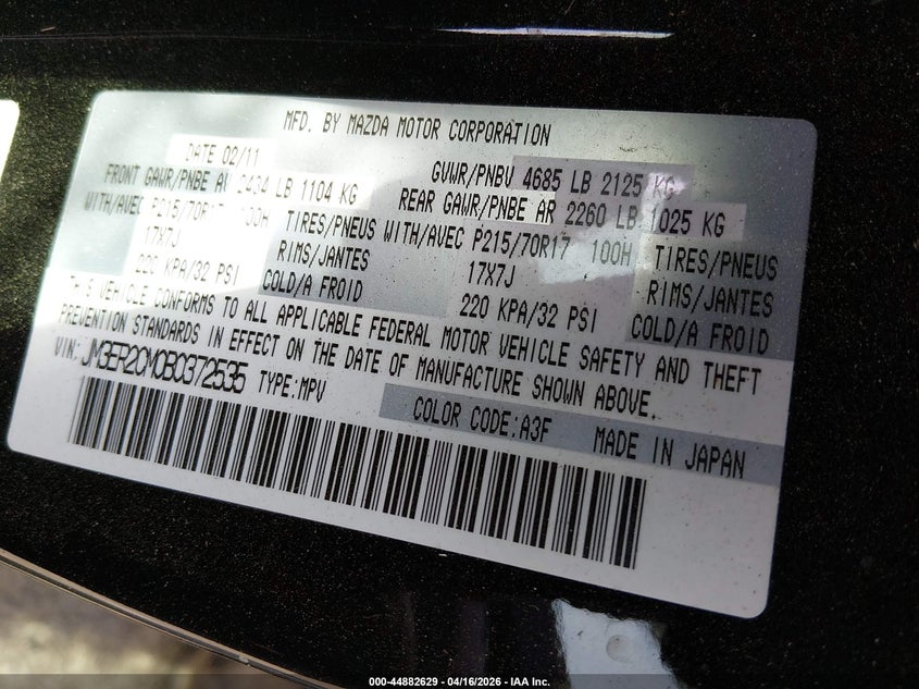 2011 Mazda Cx-7 VIN JM3ER2CM0B0372535 IAAI salvage auction — FRONT & REAR, Salvage (New Jersey), sold $450 on 2026-07-13 (photo 9)