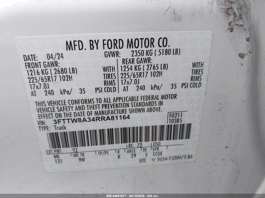 2024 Ford Maverick VIN 3FTTW8A34RRA81164 IAAI salvage auction — FRONT & REAR, Clear (Hawaii), sold $5,100 on 2026-07-23 (photo 9)