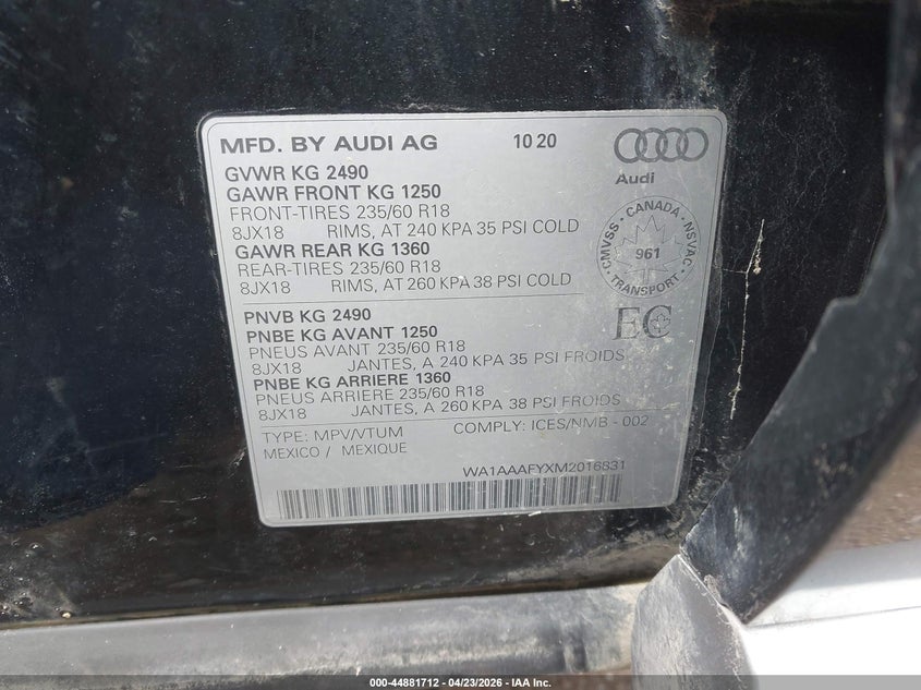 2021 Audi Q5 VIN WA1AAAFYXM2016831 IAAI salvage auction — FRONT END, Salvage (Montana), sold $6,800 on 2026-07-08 (photo 9)