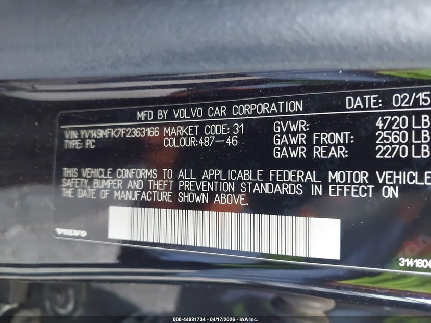 2015 Volvo S60 VIN YV149MFK7F2363166 IAAI salvage auction — SIDE, Wait Title, sold $1,100 on 2026-08-15 (photo 9)