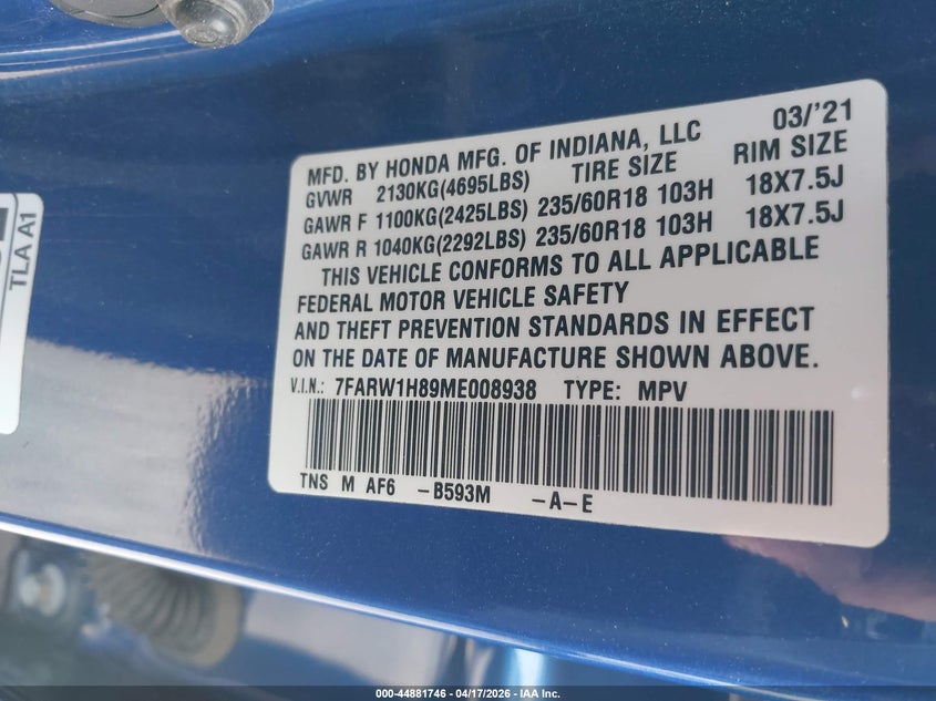 2021 Honda Cr-v VIN 7FARW1H89ME008938 IAAI salvage auction — REAR END, Wait Title, sold $5,600 on 2026-07-09 (photo 9)