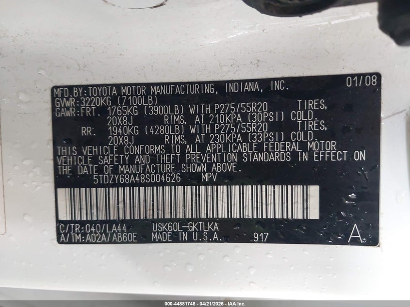 2008 Toyota Sequoia VIN 5TDZY68A48S004626 IAAI salvage auction — FRONT END, Original (Texas), sold $4,000 on 2026-07-23 (photo 9)