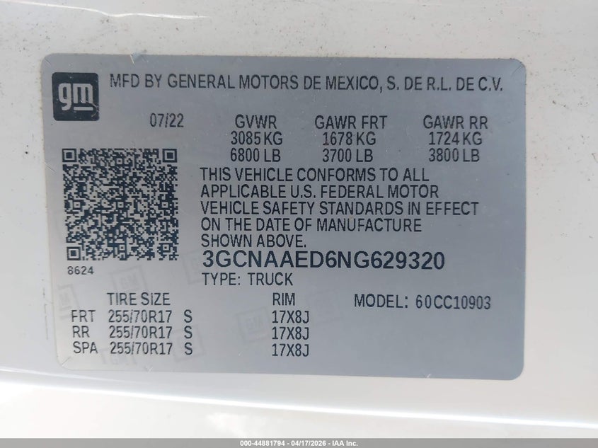 2022 Chevrolet Silverado VIN 3GCNAAED6NG629320 IAAI salvage auction — LEFT SIDE, Salvage Title, sold $2,500 on 2026-07-22 (photo 9)