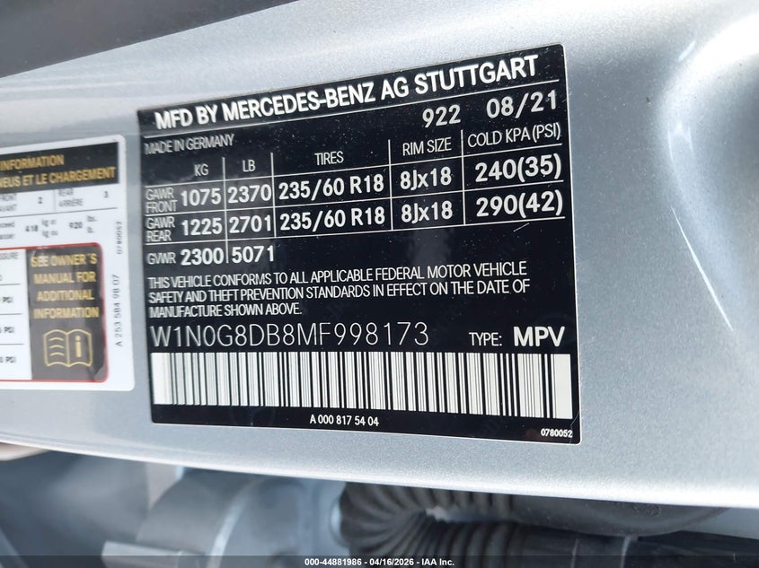 2021 Mercedes-benz Glc VIN W1N0G8DB8MF998173 IAAI salvage auction — RIGHT SIDE, Original (Texas), sold $10,700 on 2026-07-08 (photo 9)