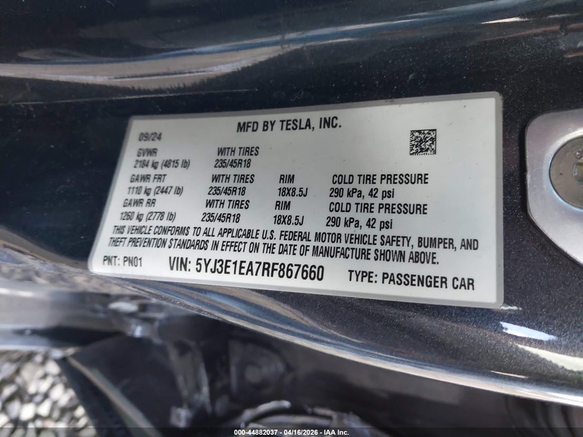 2024 Tesla Model 3 VIN 5YJ3E1EA7RF867660 IAAI salvage auction — LEFT SIDE, Salvage (Oregon), sold $9,550 on 2026-07-23 (photo 9)