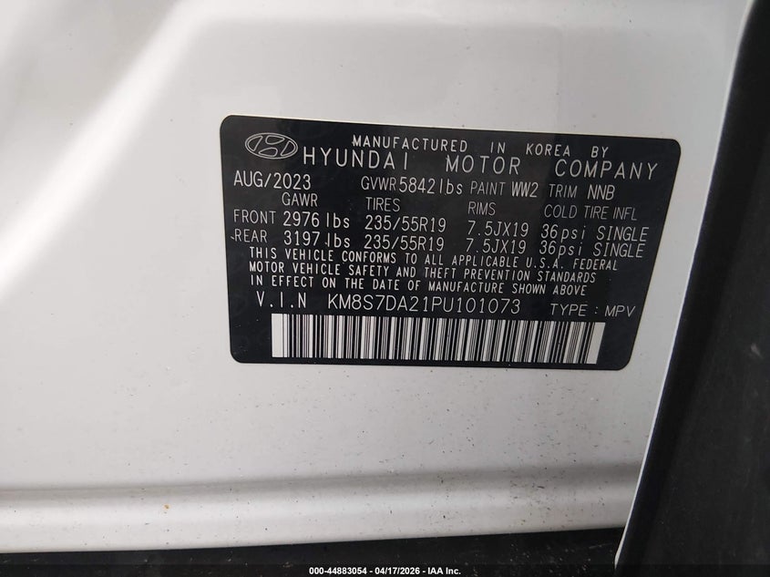 2023 Hyundai Santa fe VIN KM8S7DA21PU101073 IAAI salvage auction — SIDE, Salvage Title, sold $4,600 on 2026-07-21 (photo 9)