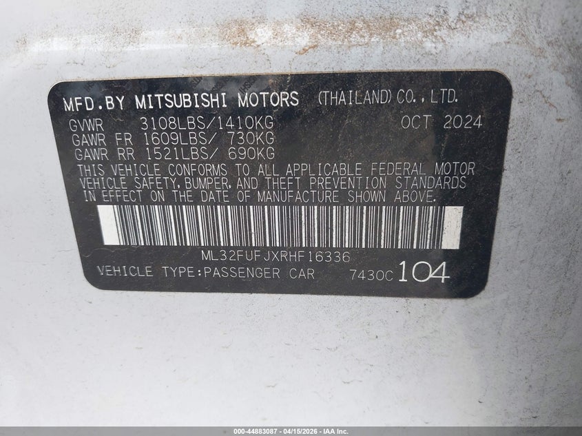 2024 Mitsubishi Mirage VIN ML32FUFJXRHF16336 IAAI salvage auction — RIGHT SIDE, Wait Title, sold $2,000 on 2026-07-22 (photo 9)