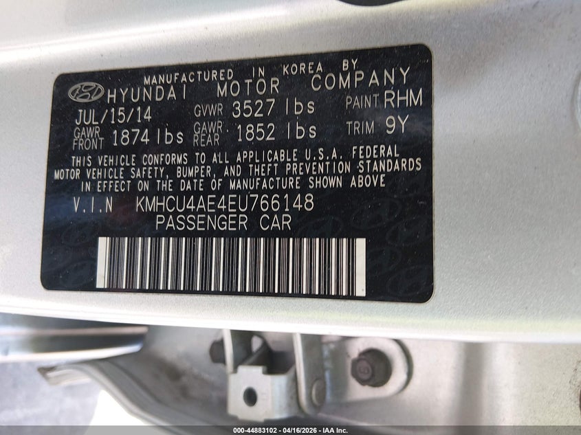 2014 Hyundai Accent VIN KMHCU4AE4EU766148 IAAI salvage auction — LEFT SIDE, Wait Title, sold $1,100 on 2026-07-15 (photo 9)